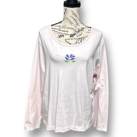 Charter Club Intimates L Pink Pajama Top NWT Floral Beaded Cotton Sleep Shirt - Picture 3 of 7